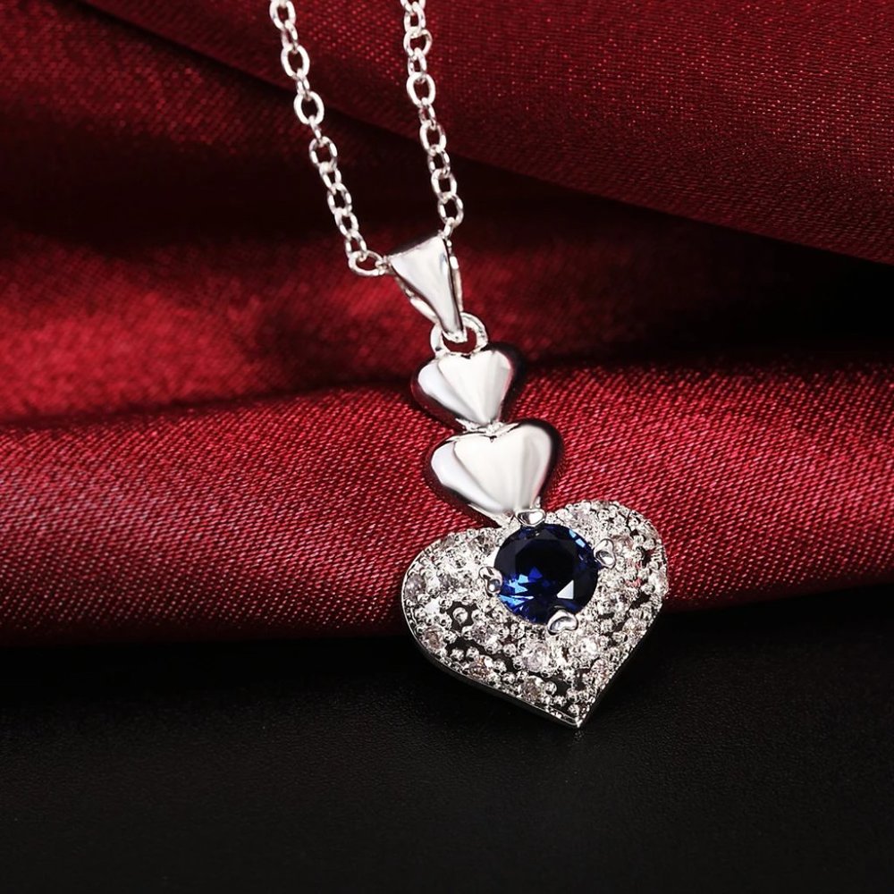 Beautiful 4 Pc Set Sapphire Heart Pendant & Earrings, w.18 Chain Sterling Silver - Picture 5 of 10